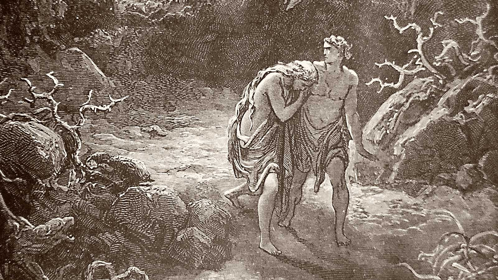 Aatami ja Eeva pakenemassa paratiisista - yksityiskohta Gustave Dorén piirroksesta